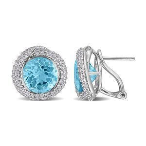 10.10 Carat (ctw) Blue and White Topaz Halo Button Earrings in Sterling Silver